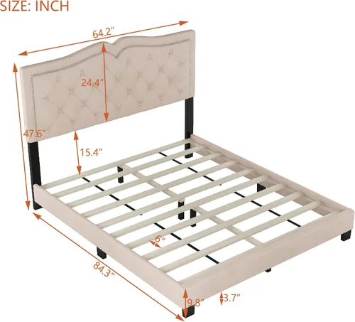 Miniatura 2 de Marco de cama de terciopelo tamaño Queen, cabecera capitonada con alas de canal vertical, cama con plataforma tapizada, listones de madera fuertes