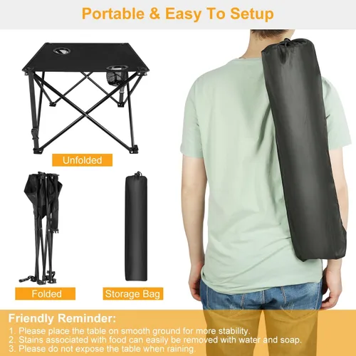 Miniatura 4 de TeqHome Mesa auxiliar plegable para campamento, mesa de campamento portátil para exteriores con 2 portavasos y bolsa de transporte, marco de acero