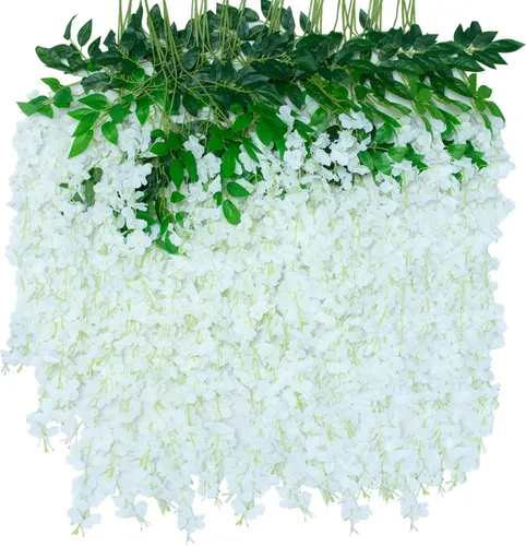 Miniatura 23 de Paquete de 12 flores colgantes de glicina artificial, guirnalda de flores de glicina falsas, enredaderas de seda, decoración de ratán para el hogar