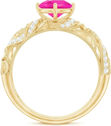 Miniatura 17 de Anillo de compromiso redondo de zafiro rosa cultivado en laboratorio certificado con diamante Calidad AAAA Anillo de estilo vintage para mujer