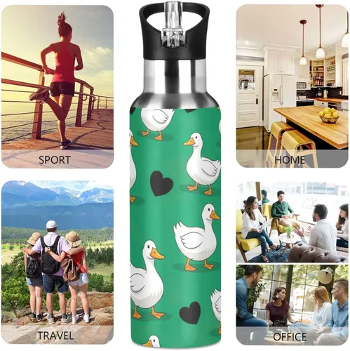 Miniatura 5 de Cartoon White Ducks Green Stainless Steel Water Bottle 20 Oz Leakproof Water Bottles, BPA-Free Sport Water Bottle Insulated