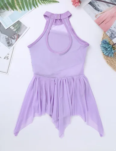 Miniatura 20 de YiZYiF Vestido de baile de lentejuelas para niños y niñas, leotardo de ballet, cuello alto, vestido lírico, traje de rendimiento irregular
