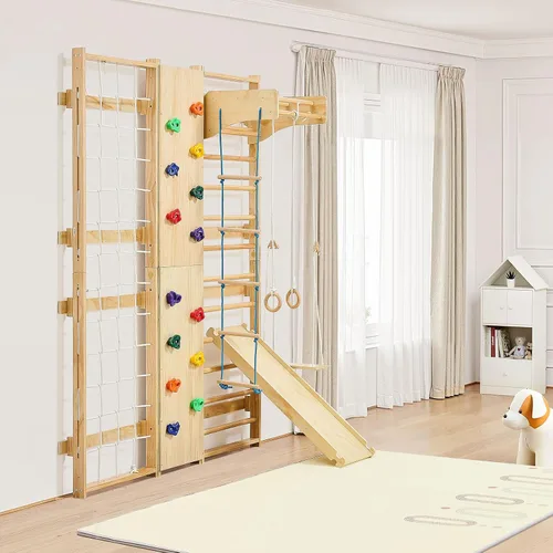 Miniatura 8 de VEVOR Escalera Sueca de Pared para Gimnasio, 9-en-1 Barras de Gimnasia de Madera Sólida de 12 Niveles para Niños y Adultos, Gimnasio de Selva