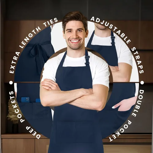 Miniatura 4 de Adjustable Bib Apron 100% Polyester Kitchen Aprons Waterdrop Resistant Aprons with Adjustable Strap, Pockets & Long Ties Azul marino
