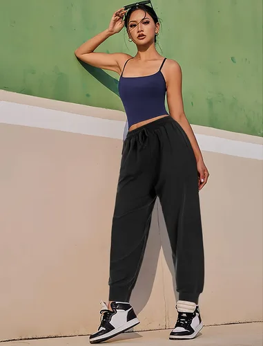Miniatura 5 de UMMISS Pantalones deportivos de cintura alta para mujer, pantalones de yoga con bolsillos elásticos con cordón ajustable, Desnudo