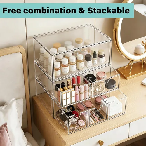Miniatura 5 de Prsildan Organizador de maquillaje acrílico, cajones de almacenamiento transparentes apilables para biberones, organizadores de escritorio