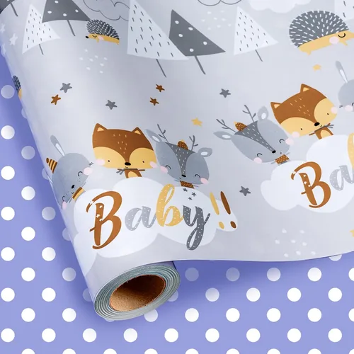 Miniatura 16 de Homeral Rollo de papel para envolver regalos azul para baby shower - Rollo mini - 17 pulgadas x 16.5 pies - Juego reversible de papel de regalo