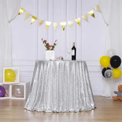 Miniatura 7 de Mantel de lentejuelas plateadas, mantel rectangular de 50 x 102 pulgadas, mantel rectangular de lentejuelas y tela satinada para fiestas, bodas