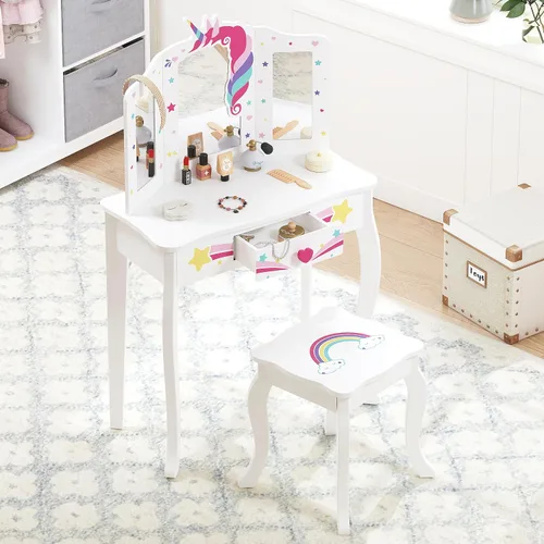 Miniatura 5 de Spirich Vanidad para niños, juego de tocador para niñas con espejo, taburete y luces, juego de mesa y silla de tocador para niños, mesa de tocador