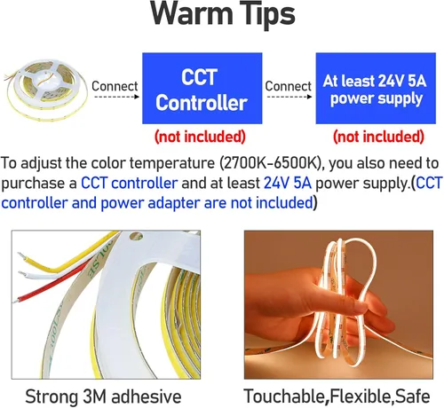 Miniatura 4 de GOMING 24V 10M(32.8ft) 3Pin 8mm Width CCT COB LED Strip 2700K-6500K Tunable White 576LED/M CRI 93+ Flexible IP20 Not Waterproof LED Tape Lights for