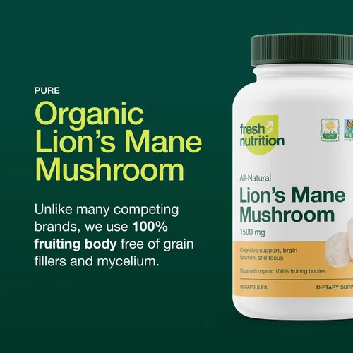Miniatura 3 de Fresh Nutrition Cápsulas orgánicas de hongos melena de leones - Fórmula verificada de ADN más fuerte - Ricas en alfa glucano - Potente suplemento