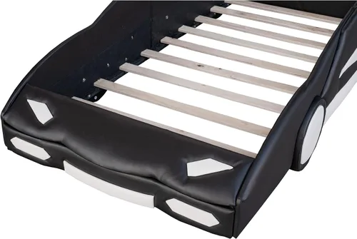 Miniatura 4 de SOFTSEA Cama de auto de carreras de tamaño individual, marco de cama con ruedas en forma de automóvil, marco de cama con barandilla y cabecera