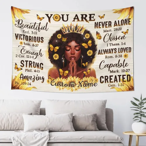 Miniatura 9 de Tapiz personalizado de niña negra con nombre personalizado afroamericano, tapiz motivacional para mujeres negras, yoga, meditación, girasol