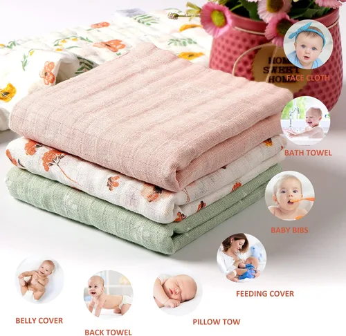 Miniatura 4 de Viviland Paños de muselina para bebé, 100% algodón, súper absorbentes, para bebé niña y niño, 10 x 20 pulgadas, 6 capas, patrón floral, paquete de 4