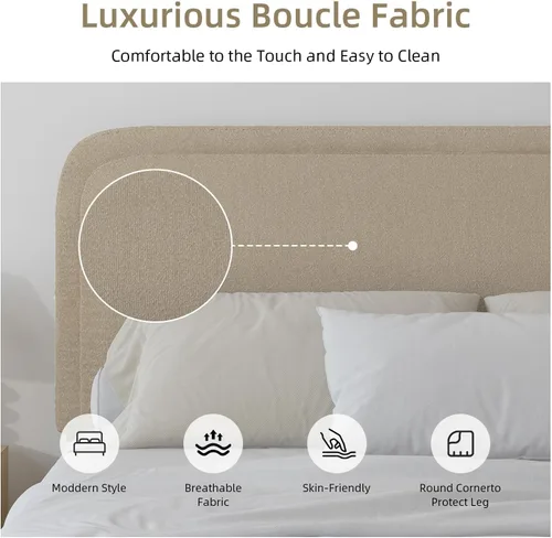 Miniatura 7 de BarnFurin Cloud Boucle - Base de cama de tamaño matrimonial, plataforma tapizada con cabecero, esquinas redondeadas suaves, no requiere somier, Beige