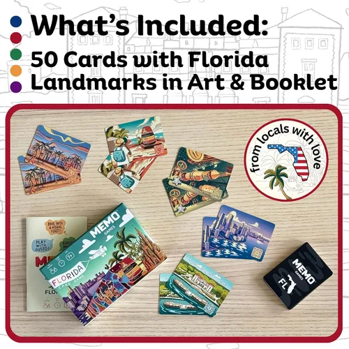 Miniatura 3 de MEMO Florida Landmarks - Juego de cartas de memoria para adultos, niños y adolescentes - Juego educativo de viaje familiar con 50 cartas y datos QR