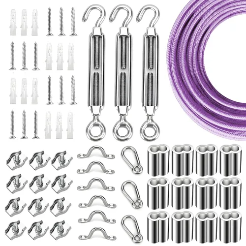 Miniatura 13 de Kit de suspensión de luces de cuerda de globo, cable guía de luz para exteriores, cable de acero inoxidable recubierto de vinilo, incluye 50 pies