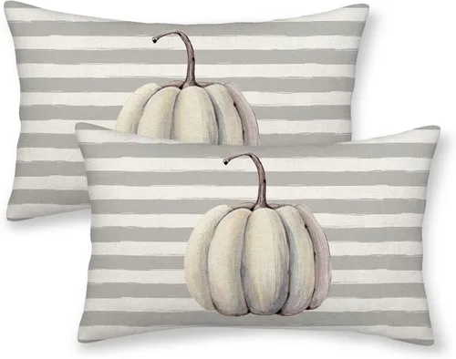 Miniatura 40 de AEIOAE - Juego de 2 fundas cuadradas de almohadones de lino para otoño con calabaza en tono naranja quemado y blanco, para decoración al aire libre