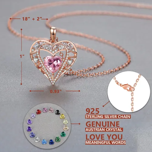 Miniatura 57 de Collar de cristal de 5 corazones, chapado en oro rosa de 18 quilates, colgante con cadena de plata de ley 925 de 18 + 2 pulgadas, joyería de piedra