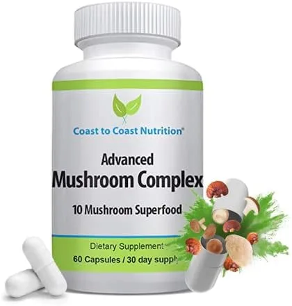 Complejo avanzado de hongos - Melena de león, Reishi, Cordyceps, Chaga, cola de pavo, Maitake 10X Superalimento de mezcla de hongos - Apoyo