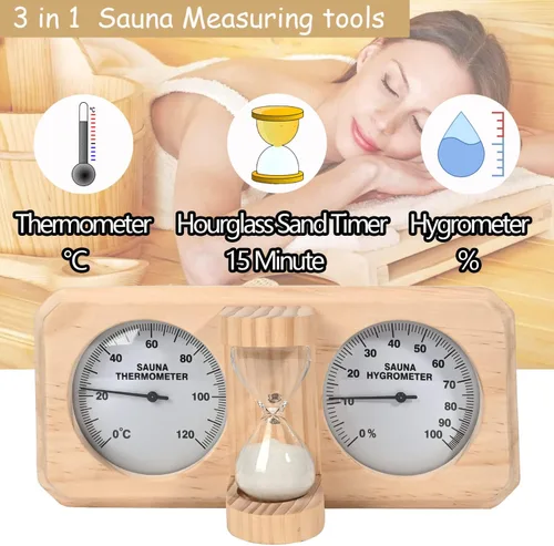 Miniatura 3 de ikare Termómetro e higrómetro para sauna 3 en 1 de madera con temporizador de arena de reloj de arena de 15 minutos, accesorios de pared para sauna