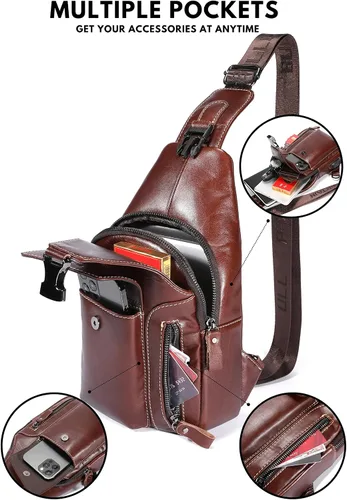 Miniatura 3 de Bolso bandolera pequeño de cuero para mujeres y hombres, bolsa cruzada, bolsa de pecho, mochila de viaje de hombro, resistente al agua, Caoba