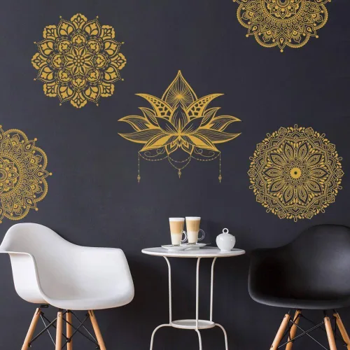 Miniatura 2 de Runtoo Calcomanía de pared con diseño de flor de mandala, diseño de loto bohemio dorado para sala de estar, dormitorio, cabecero de yoga, decoración
