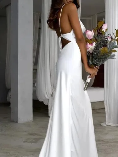 Miniatura 2 de Vestidos de dama de honor de satén con tirantes delgados, vestidos largos con cuello vuelto, vestidos de graduación, vestido de noche formal