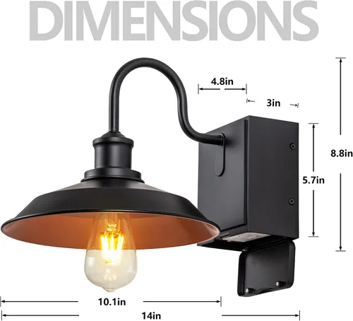 Miniatura 5 de Lámpara de exterior con salida GFCI, luz de porche negra, lámpara de pared exterior impermeable de granero, aplique de pared industrial de granja