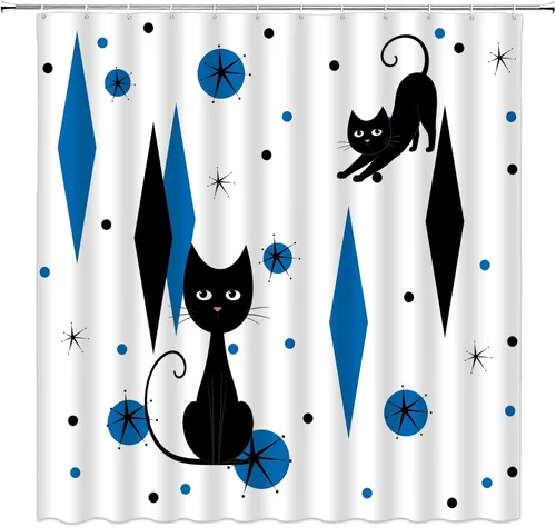 Miniatura 2 de GCTNBJL Mid Century Shower Curtain Black Cat Atomic Stars Modern Abstract Blue Black Geometric Iconic Retro 1950s 1960s Vintage 36x70(WxH) Inches