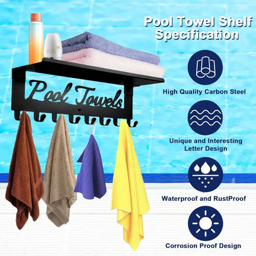 Miniatura 4 de Toalleros de piscina con estante 8 ganchos para piscina, baño, montaje en pared, toallero, soporte para toallas, soporte de acero al carbono