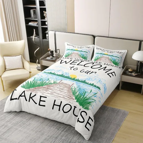 Miniatura 2 de Lake House - Funda de edredón 100 % algodón, tamaño individual, diseño de paisaje de lago y montaña, dibujado a mano, decoración de habitación