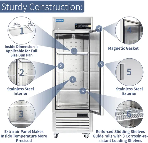 Miniatura 4 de ICECASA Refrigerador comercial de 27 pulgadas de ancho, 23 pies cúbicos de una sola puerta sólida de acero inoxidable, ventilador de refrigerador