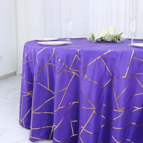Miniatura 2 de Efavormart - Mantel redondo de poliéster de 120 pulgadas con patrón geométrico dorado Morado