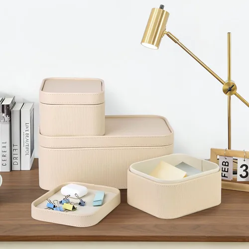 Miniatura 6 de HofferRuffer Cajas de almacenamiento decorativas de piel sintética, cestas de almacenamiento a prueba de polvo con tapas y bandejas, contenedores