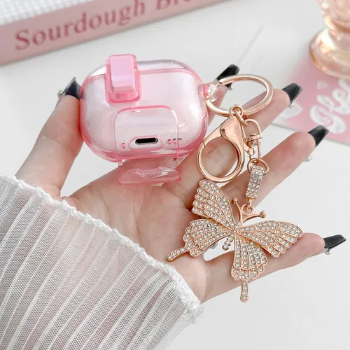 Miniatura 4 de Bonita funda rosa para Airpods de 4 generación con cerradura y llavero de mariposa brillante para mujeres femeninas, funda rígida transparente única