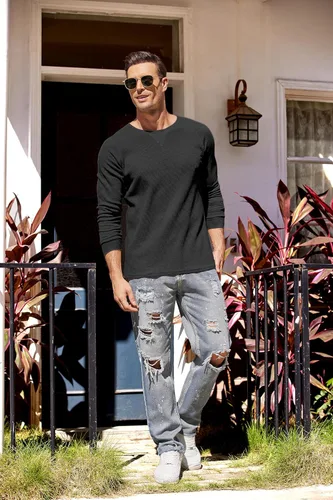 Miniatura 4 de COOFANDY Paquete de 2 camisas de punto gofre para hombre, camisetas de algodón de manga larga, estilo casual, cuello redondo