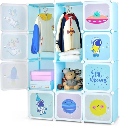 Miniatura 13 de INFANS Armario para niños, armario portátil para bebé, lindo para dormitorio de niños, armario de guardería con puertas, 12 cubos, 2 secciones