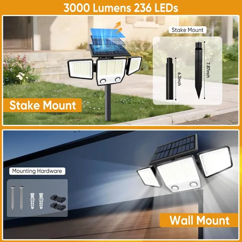 Miniatura 2 de MDCMDCM Luces solares para exteriores con sensor de movimiento, impermeables, 3000 lúmenes, 3 modos, luces de seguridad para exteriores, iluminación