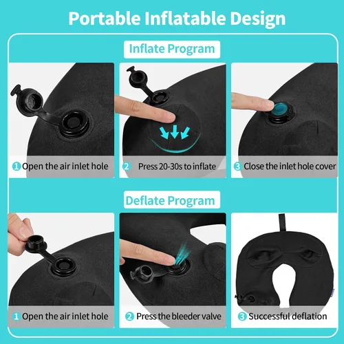 Miniatura 5 de Paquete de 2 almohadas inflables de viaje para el cuello para aviones, almohadas de cuello de terciopelo para adultos para vuelo largo, kit