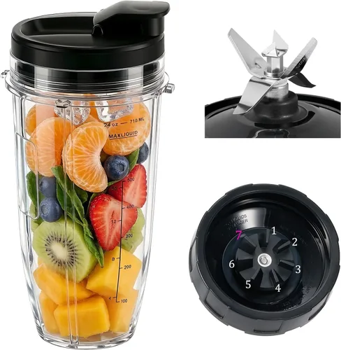 Cuchilla macho de repuesto de 7 aletas y vaso de licuadora de 24 onzas con tapa compatible con Nutri Ninja Blender [hoja de 7 aletas macho de 4
