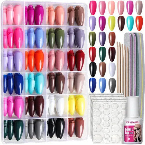 FANDAMEI - Uñas de presión, 576 uñas postizas en 24 colores, uñas acrílicas de almendra de longitud media, cobertura completa, brillantes y