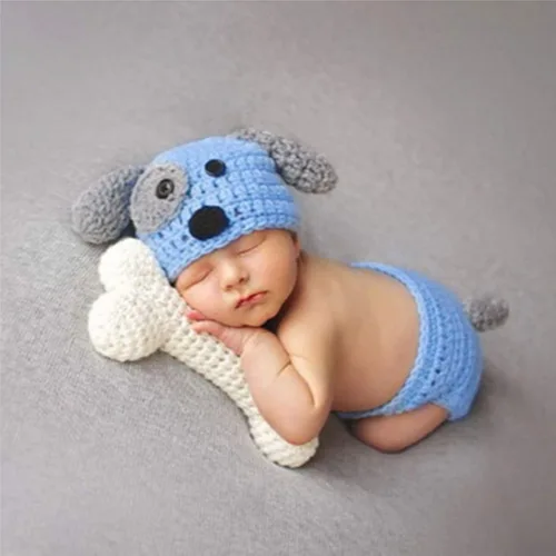 Miniatura 7 de Traje de bebé recién nacido, accesorios para fotos, trajes de ganchillo de punto azul con gorro de perro, pantalones cortos con hueso para niños