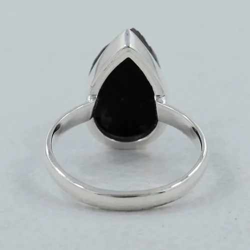 Miniatura 4 de Jaipur Silver Jewels - Anillo de rebanada de turmalina negra sin cortar crudo, anillo de plata liso en forma de pera, la mejor joyería de regalo