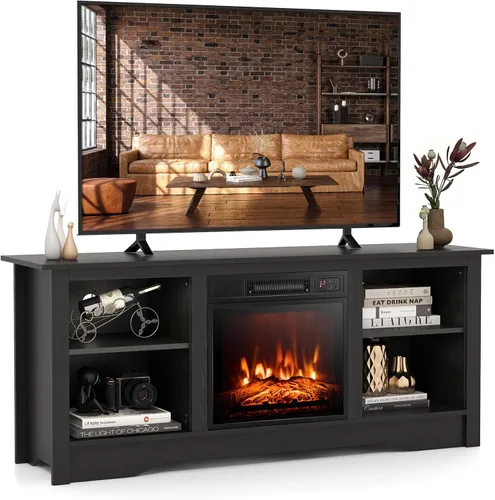 SIMOE Soporte de TV eléctrico con chimenea para televisores de hasta 65 pulgadas, consola de TV moderna de 58 pulgadas con chimenea de 18 pulgadas,