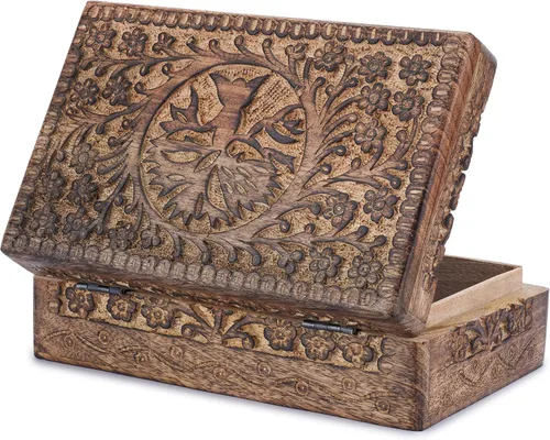 Miniatura 9 de Ajuny Caja de joyería de madera con tallas del árbol de la vida, estuche de viaje para bisutería, caja de almacenamiento hecha a mano, cofre