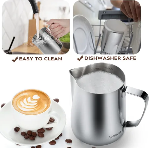 Miniatura 5 de Adorever Jarra espumadora de leche, taza espumadora de leche de acero inoxidable de 16 onzas y 16.2 fl oz, barra de café, cafetera de capuchino