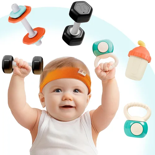 iPlay, iLearn Juego de sonajero de gimnasio para bebés, sonajeros con pesas de mancuerna para bebés de 3-6-12 meses, recién nacidos, juguete