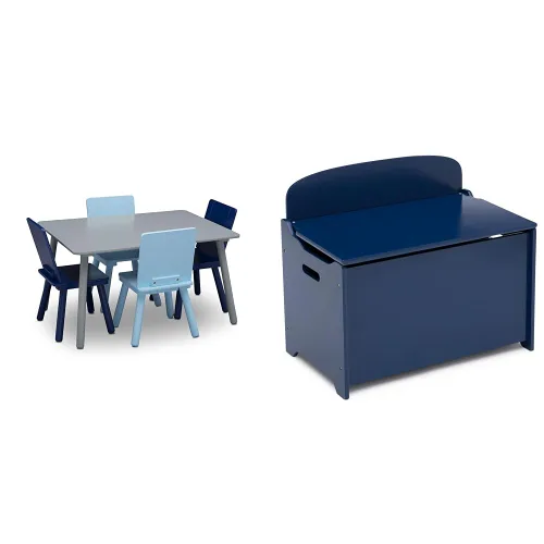 Delta Children Juego de mesa y silla para niños (4 sillas incluidas), gris/azul y caja de juguetes de lujo MySize, certificado Greenguard Gold, azul