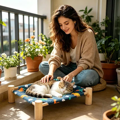 Miniatura 8 de Cat Hammock Bed - Removable Pet Cot, Wood Elevated Cat Bed, Breathable Sleeping Hammock, Indoor Outdoor Pet Lounge for Home Living Room Apartment B